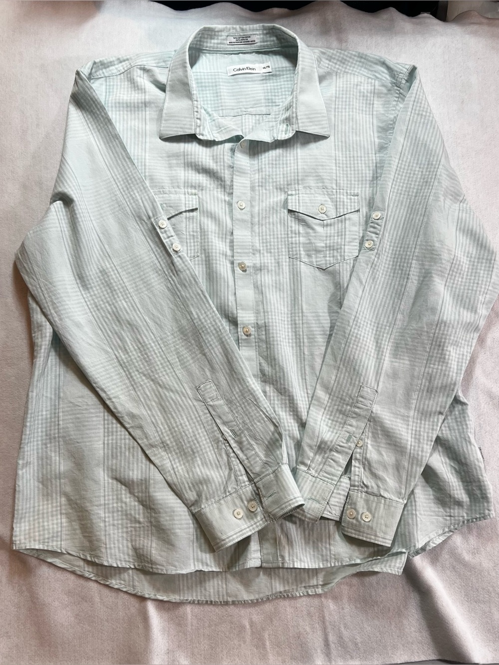 Calvin Klein Men's Light Green Striped Button-Down Shirt (0094)